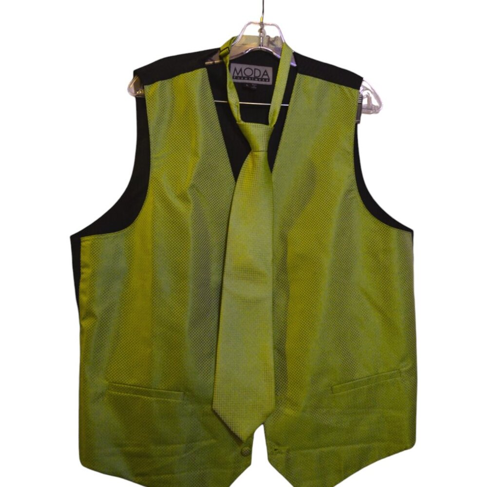 MODA Formal Wear Vest & Tie Green Black Back Polyester Fabric Buttons Men's L